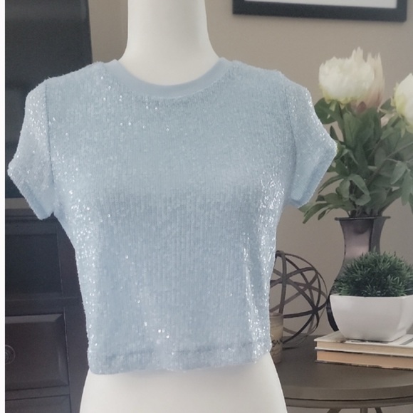 Rachel Zoe Powder Blue Sequin Crop Top - Picture 9 of 10